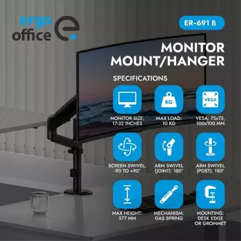 Ergo Office ER-691 B Dujinės spyruoklės monitoriaus laikiklis 17-32 inch ekranams, 1-10 kg, matinė juoda, VESA 75/100