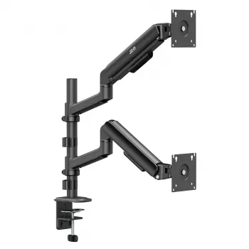 ERGO OFFICE ER-692 B – Dvigubo monitoriaus laikiklis su dujine spyruokle, tinka 17–32 inch, 1–10 kg vienai rankai, matinė juoda