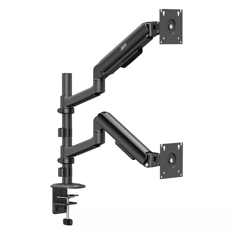 ERGO OFFICE ER-692 B – Dvigubo monitoriaus laikiklis su dujine spyruokle, tinka 17–32 inch, 1–10 kg vienai rankai, matinė juoda