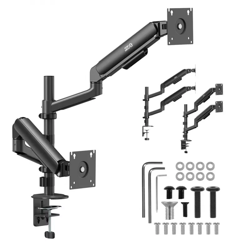 ERGO OFFICE ER-692 B – Dvigubo monitoriaus laikiklis su dujine spyruokle, tinka 17–32 inch, 1–10 kg vienai rankai, matinė juoda