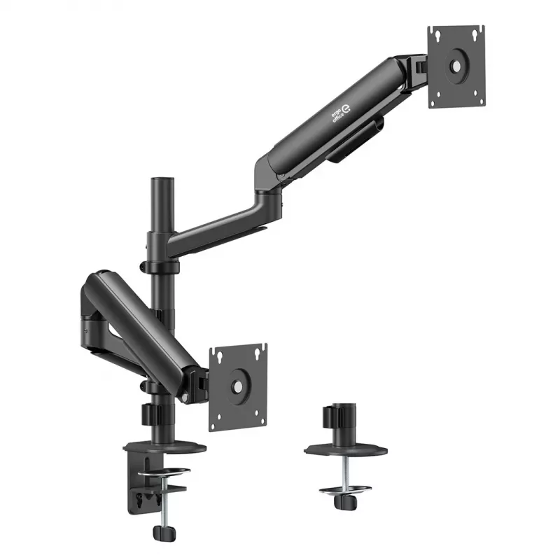 ERGO OFFICE ER-692 B – Dvigubo monitoriaus laikiklis su dujine spyruokle, tinka 17–32 inch, 1–10 kg vienai rankai, matinė juoda