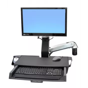 Ergotron 45-260-026 Track Mount Kit – aukščio reguliavimo monitoriaus laikiklis su klaviatūros padėklu, ištraukiamu pelės padėklu, riešo atrama ir brūkšninių kodų skaitytuvo laikikliu, tinka iki 24 inch LCD, VESA 75/100 mm, poliruotas aliuminis