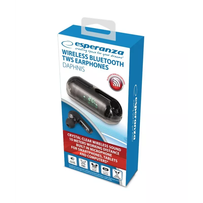 Esperanza EH239K True Wireless Stereo Bluetooth ausinės su įkrovimo dėklu, jutikliniais valdymais, įmontuotu mikrofonu, juodos