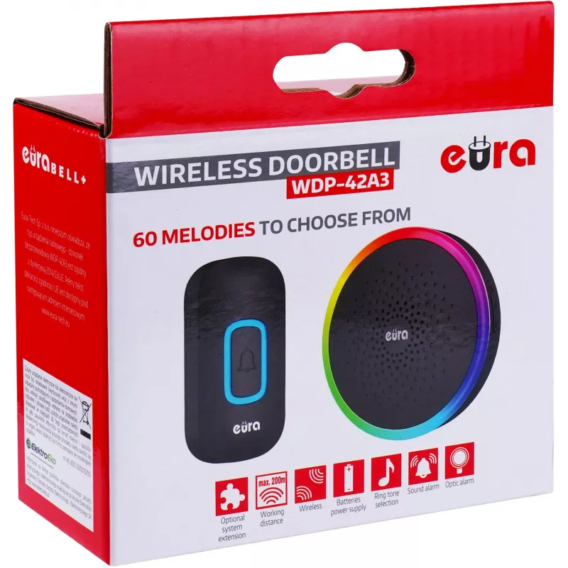 EURA WDP-42A3 belaidis durų skambutis – juodas