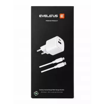 Evelatus FusionCharge sieninis įkroviklio rinkinys 20W maitinimo adapteris su 60W USB-C į Lightning silikoniniu kabeliu baltas