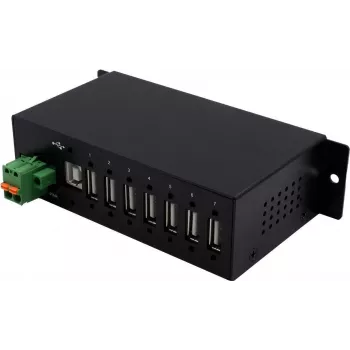 EXSYS EX-1179HMVS 7 prievadų USB 2.0 industrinis metalinis šakotuvas su DIN bėgio tvirtinimu, 480 Mbit/s, ESD apsauga, -40 iki 85°C