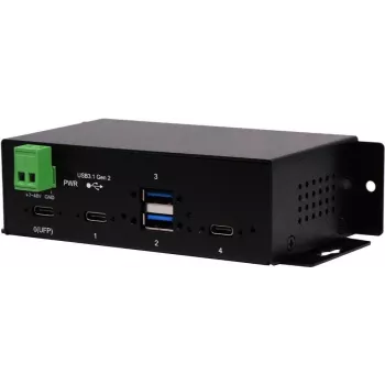 EXSYS EX-1274HMV 4 prievadų USB 3.2 Gen 2 pramoninis šakotuvas su 2x USB-A ir 2x USB-C, metalinis, DIN bėgio / sieninis / stelažo tvirtinimas