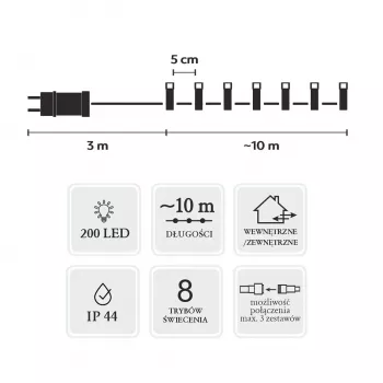 Extralink LED girlianda 200 LED šalta balta 10m + 3m IP44 vidui ir laukui