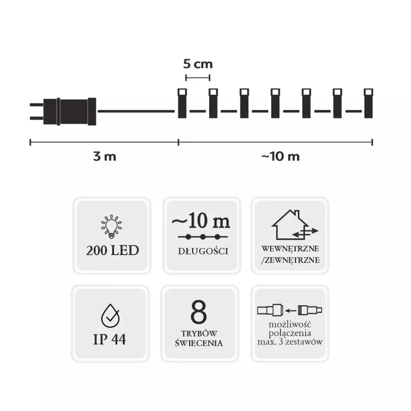 Extralink LED girlianda 200 LED šalta balta 10m + 3m IP44 vidui ir laukui