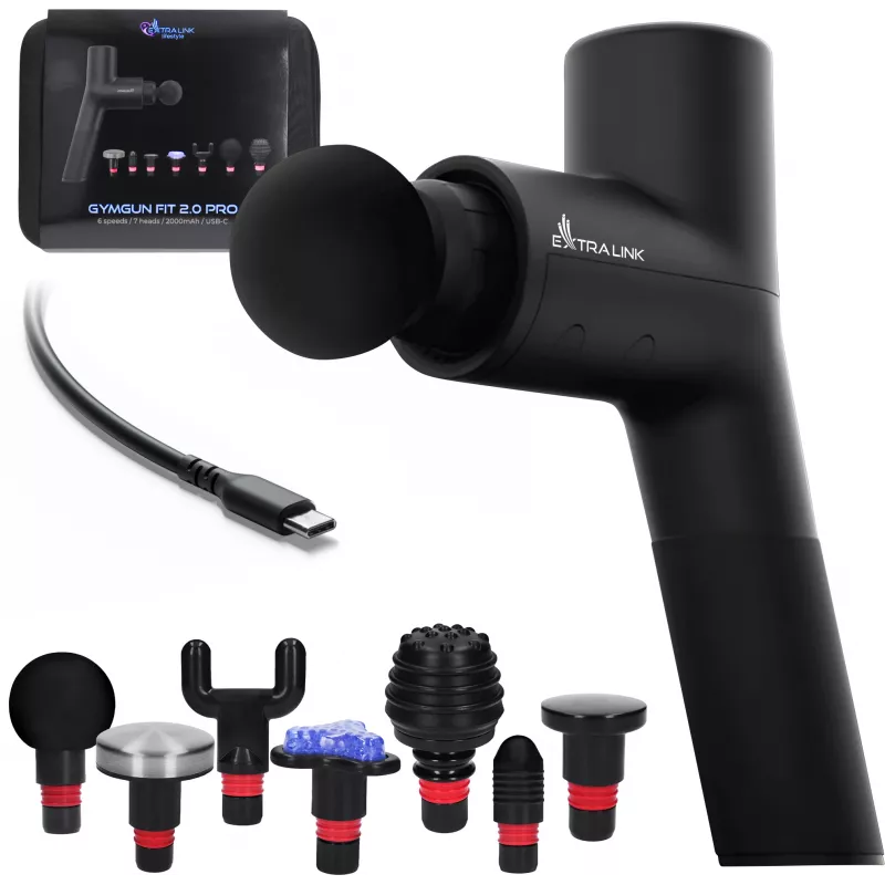 Extralink Massage Gymgun Fit 2.0 Pro masažinis pistoletas, 7 antgalių, 6 režimų