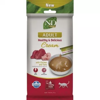 FARMINA N&D Prime Cat Cream with Chicken & Tuna Adult Box – Katės skanėstas suaugusioms katėms – 4x15g
