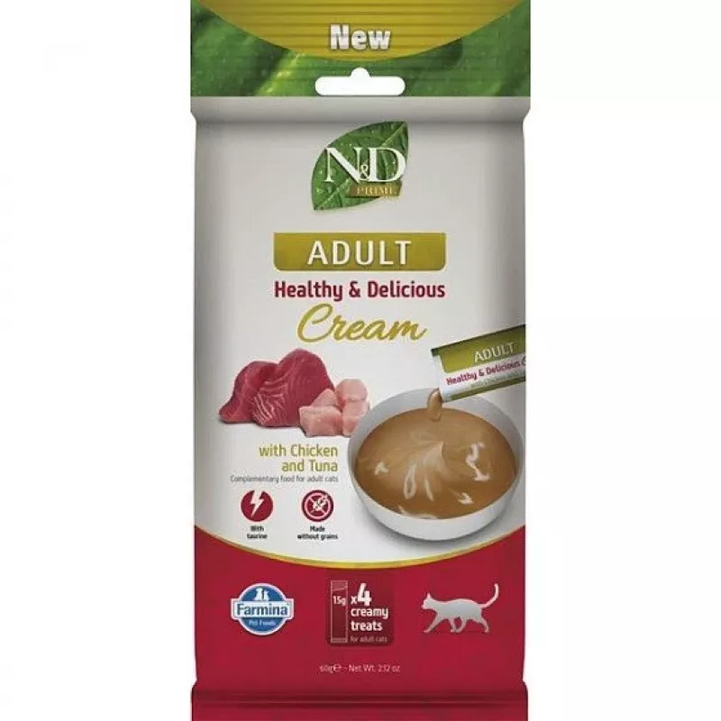 FARMINA N&D Prime Cat Cream with Chicken & Tuna Adult Box – Katės skanėstas suaugusioms katėms – 4x15g