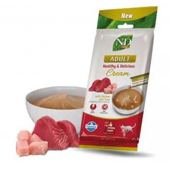 FARMINA N&D Prime Cat Cream with Chicken & Tuna Adult Box – Katės skanėstas suaugusioms katėms – 4x15g