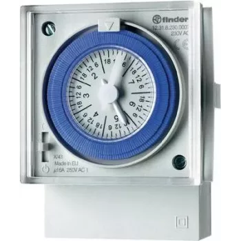 Finder 12.31.8.230.0007 mechaninis laiko jungiklis, montuojamas priekiniame skydelyje, 230 V AC, 1 perjungiamasis kontaktas, 16 A, paros programa, 48 segmentai, 100 h energijos rezervas