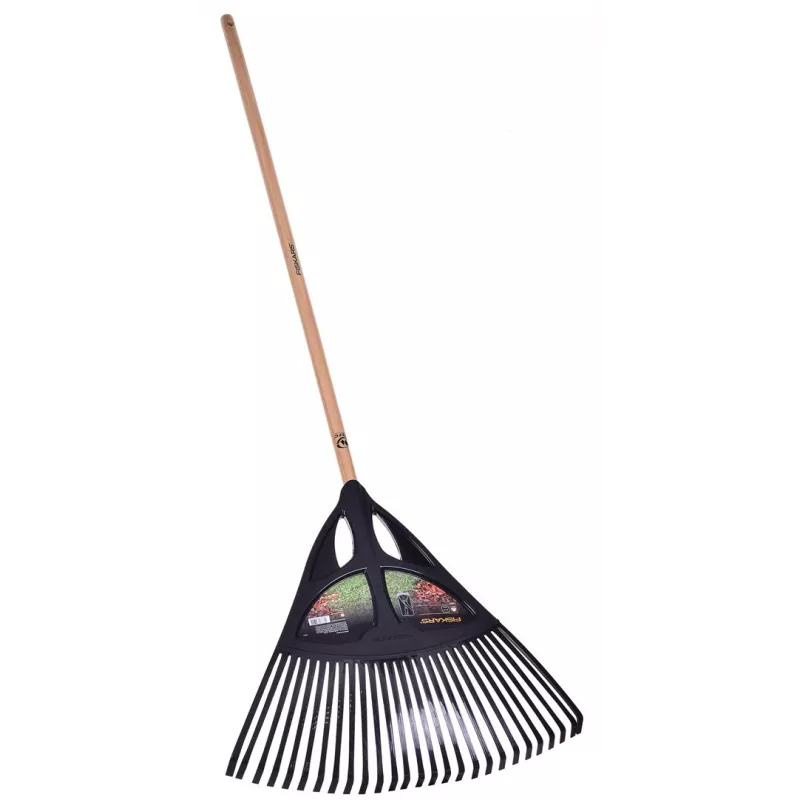 Fiskars Solid lapų grėblys, 52 cm pločio polipropileno galvutė, 175 cm aliuminio kotas, 25 lanksčios šakelės, juoda/oranžinė