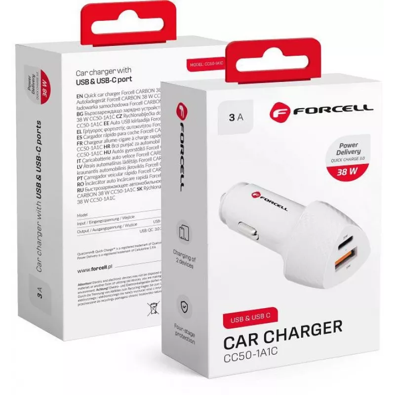 Forcell Carbon CC50-1A1C 38W USB-C PD + USB-A QC 3.0 automobilinis įkroviklis - baltas