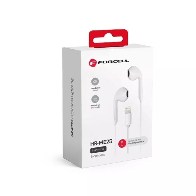 Forcell F-Audio HR-ME25 Lightning į ausis įdedamos ausinės su mikrofonu ir nuotolinio valdymo pulteliu, baltos