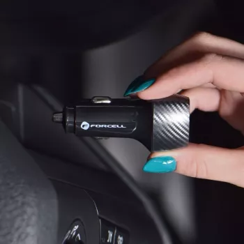 Forcell F-Energy Carbon Automobilinis Įkroviklis USB-C QC3.0 PD 20W su USB-C į Lightning Laidu CC50-1C Juodas