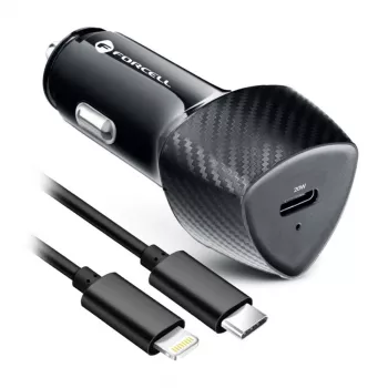 Forcell F-Energy Carbon Automobilinis Įkroviklis USB-C QC3.0 PD 20W su USB-C į Lightning Laidu CC50-1C Juodas