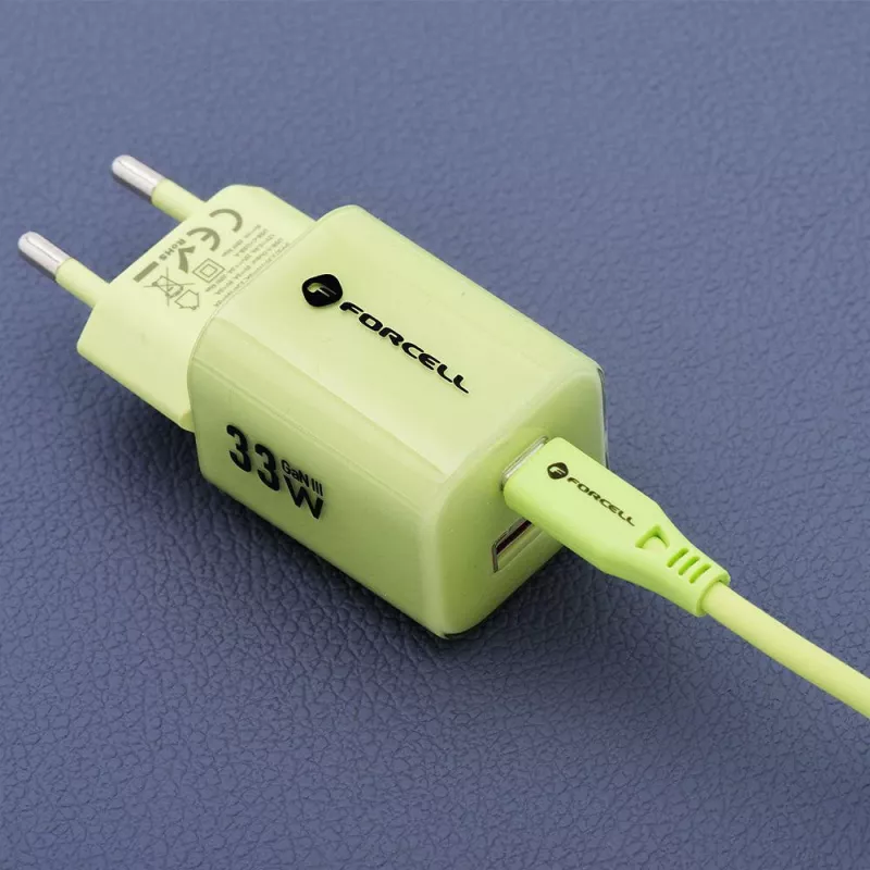 Forcell F-Energy GaN III VT-41 33 W sieninis įkroviklis, 1x USB-C PD 3.0/PPS ir 1x USB-A QC 4.0, žalias