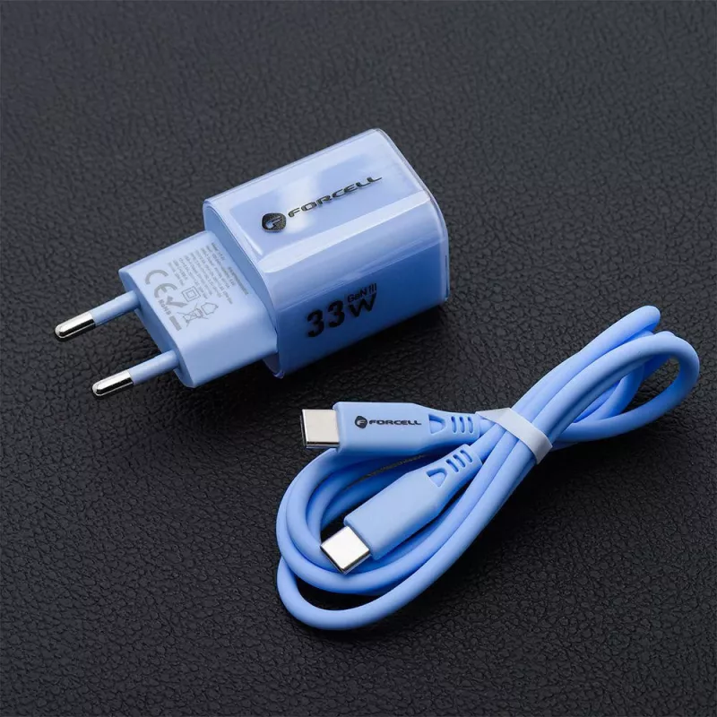 Forcell F-Energy GaN III VT-41 33W USB-C & USB-A sieninis įkroviklis, PD 3.0, QC 4.0, mėlynas