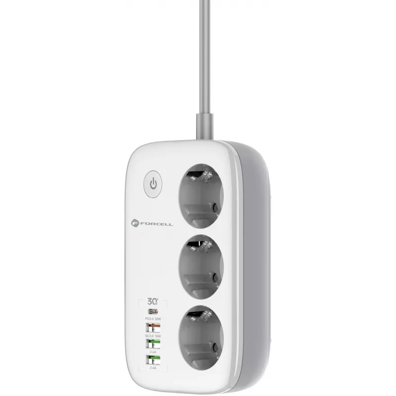 Forcell F-Energy VT-PS03 išmanusis ilgintuvas su 3 Schuko lizdais, USB-C PD 30W, 3x USB-A QC 3.0, Wi-Fi, Tuya programėle, 2500W/10A