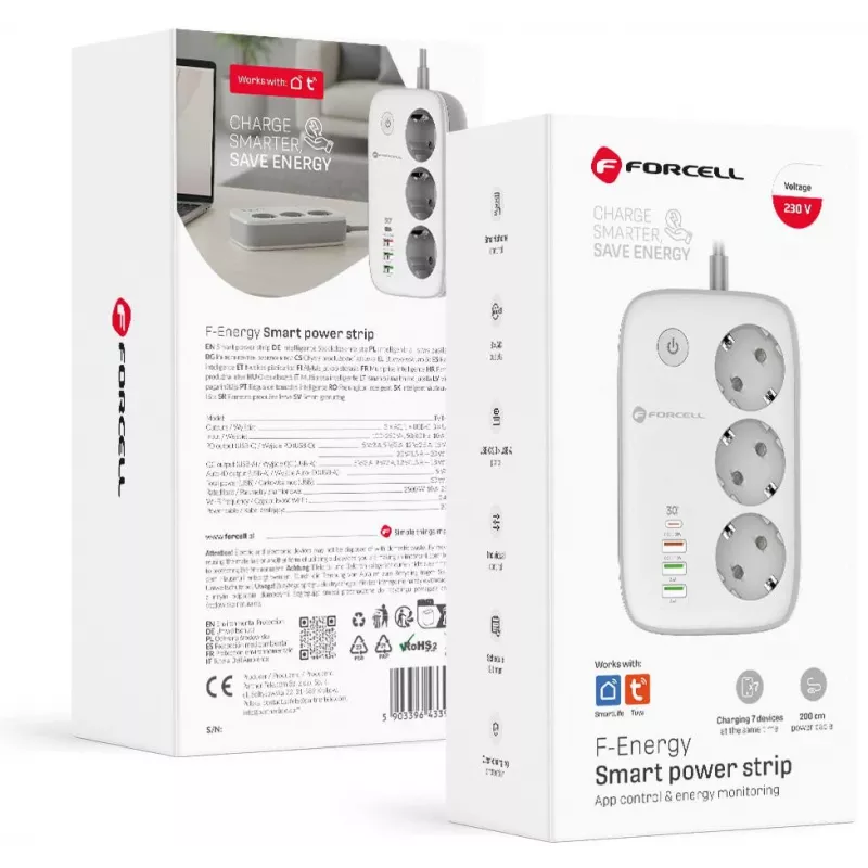 Forcell F-Energy VT-PS03 išmanusis ilgintuvas su 3 Schuko lizdais, USB-C PD 30W, 3x USB-A QC 3.0, Wi-Fi, Tuya programėle, 2500W/10A