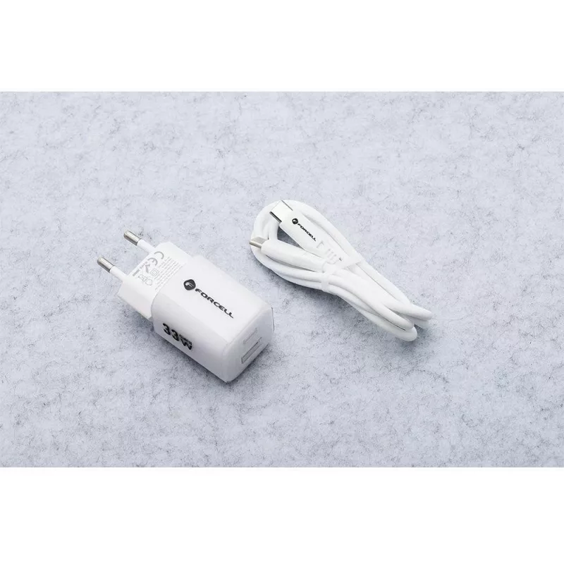 Forcell VT-41 GaN III 33W sieninis įkroviklis su 1x USB-C PD 3.0 ir 1x USB-A QC 4.0 (baltas)