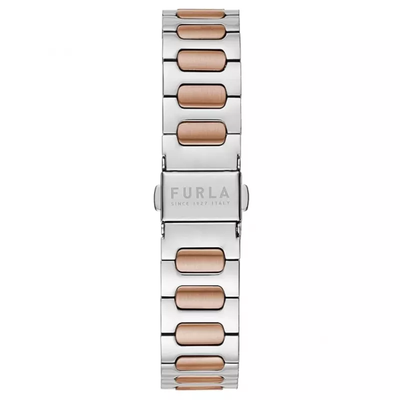 FURLA Arco Chain moteriškas laikrodis su kvarciniu mechanizmu, 38 mm nerūdijančio plieno tinklelio apyranke, rožinio aukso spalvos