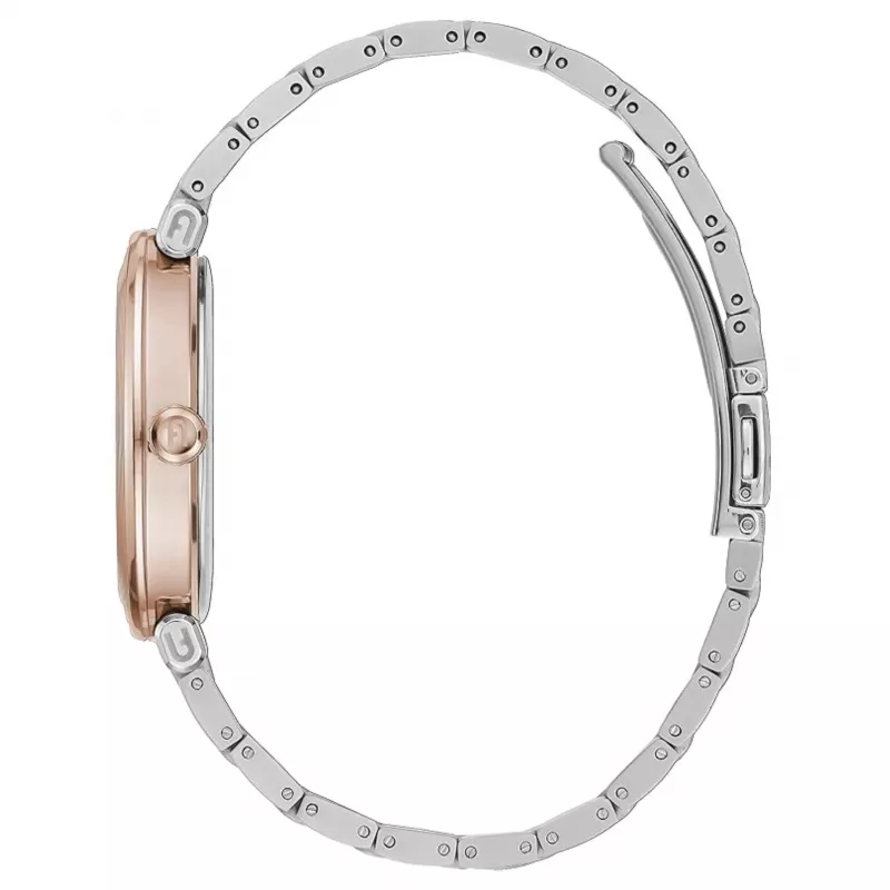 FURLA Arco Chain moteriškas laikrodis su kvarciniu mechanizmu, 38 mm nerūdijančio plieno tinklelio apyranke, rožinio aukso spalvos