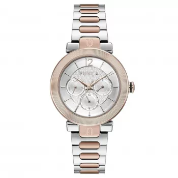 FURLA Arco Chain moteriškas laikrodis su kvarciniu mechanizmu, 38 mm nerūdijančio plieno tinklelio apyranke, rožinio aukso spalvos