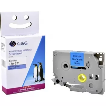 G&G 5BRT521-TD pakaitinė etikečių juosta Brother TZe-521, 9mm x 8m, juoda ant mėlynos, laminuota