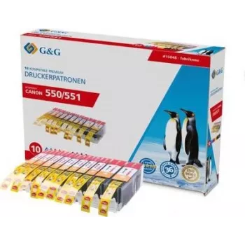 G&G suderinamos su Canon PGI-550 XL ir CLI-551 XL didelės talpos rašalo kasetės, 10 vnt. rinkinys (juoda, foto juoda, žydra, purpurinė, geltona) 15048