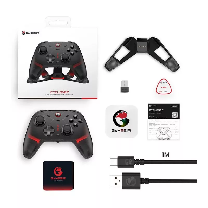 GameSir Cyclone 2 Tri-Mode belaidis žaidimų valdiklis su Hall Effect svirtimis ir gaidukais, RGB apšvietimu, programuojamais galiniais mygtukais, 6 ašių giroskopu, 20h baterija – juodas