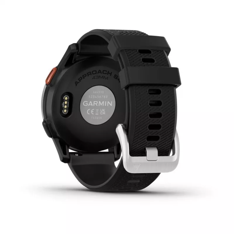 Garmin Approach S44 sidabrinis aliuminio apvadas su juodu silikoniniu dirželiu