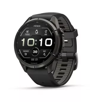 Garmin fēnix 9 Pro – inReach, 43 mm, Carbon Gray DLC titano korpusas su juoda / Pebble Grey silikono apyranke