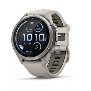 Garmin Fenix 9 Pro – inReach, 43 mm titano korpusas su Fog Grey/Dark Sandstone silikoniniu dirželiu