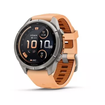 Garmin Fenix 9 Pro išmanusis laikrodis – inReach, 43mm, titanas su Shell Pink/Autumn Orange silikoniniu dirželiu