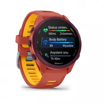 Garmin Forerunner 170 Music GPS bėgimo laikrodis, uoginės spalvos korpusas su raudonai rožiniu/mango dirželiu