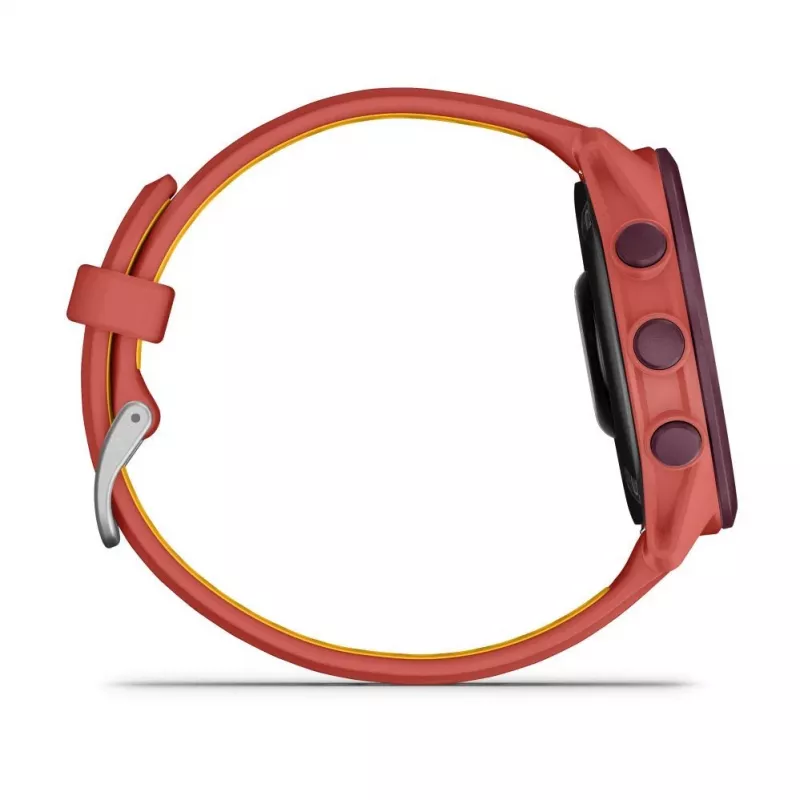 Garmin Forerunner 170 Music GPS bėgimo laikrodis, uoginės spalvos korpusas su raudonai rožiniu/mango dirželiu