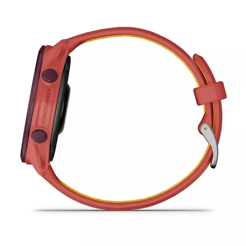Garmin Forerunner 170 Music GPS bėgimo laikrodis, uoginės spalvos korpusas su raudonai rožiniu/mango dirželiu