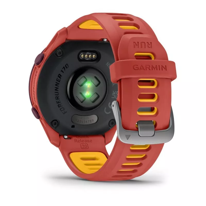 Garmin Forerunner 170 Music GPS bėgimo laikrodis, uoginės spalvos korpusas su raudonai rožiniu/mango dirželiu