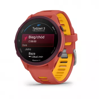 Garmin Forerunner 170 Music GPS bėgimo laikrodis, uoginės spalvos korpusas su raudonai rožiniu/mango dirželiu