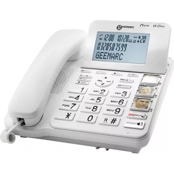 Geemarc CL595 Laidinis Senjorų Telefonas su Atsakikliu, Laisvų Rankų, Vizualiniu Skambučio Indikatoriumi, Suderinamas su Klausos Aparatais, Avariniu Pakabuku, Baltas