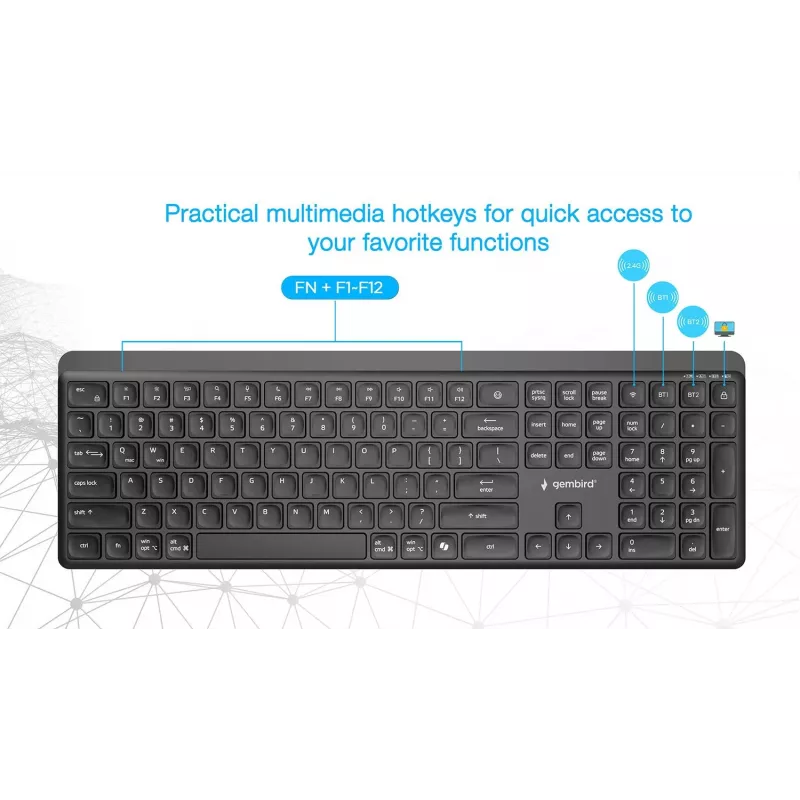 Gembird KB-WPS-03 belaidė klaviatūra su dvigubu ryšiu (2.4G + Bluetooth), US išdėstymas, juoda