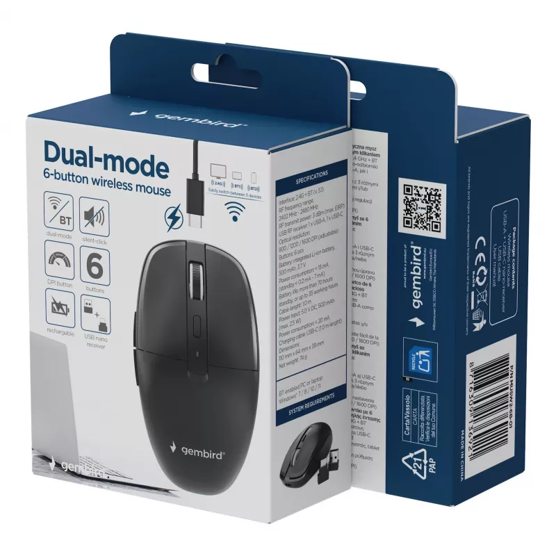 Gembird MUSW2-6B-01 Dual-mode Wireless Mouse, 2.4 GHz + Bluetooth 5.0, 1600 DPI, 6 Mygtukai, Juoda