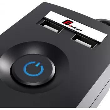 GETFORT 5P-3M-B-USB apsauginis prailgintuvas su 5 kištukinėmis rozetėmis, 2 USB-A prievadais, 3 m kabeliu, juodas