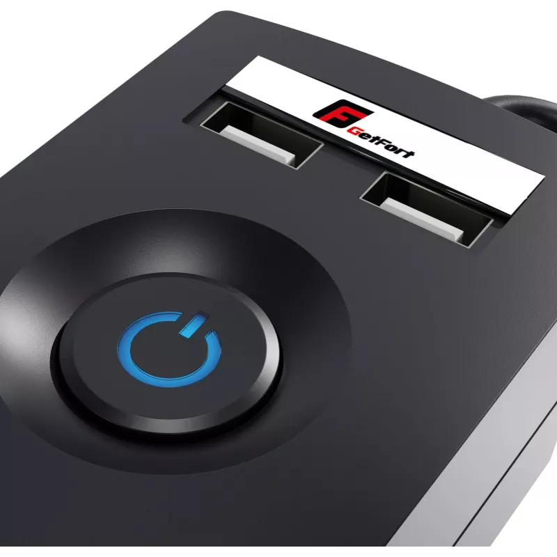 GETFORT 5P-3M-B-USB apsauginis prailgintuvas su 5 kištukinėmis rozetėmis, 2 USB-A prievadais, 3 m kabeliu, juodas