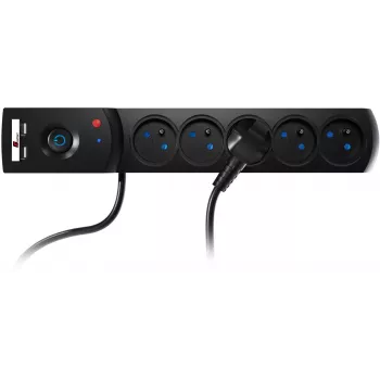 GETFORT 5P-3M-B-USB apsauginis prailgintuvas su 5 kištukinėmis rozetėmis, 2 USB-A prievadais, 3 m kabeliu, juodas