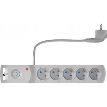 GETFORT 5P-3M-G-USB 5 lizdų apsauginis prailgintuvas su 2 USB prievadais, 3 m kabeliu, pilkas